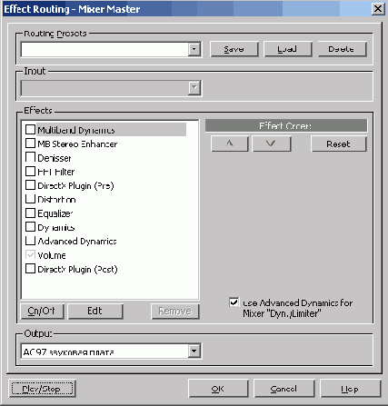 Окно Effect Routing — Mixer Master